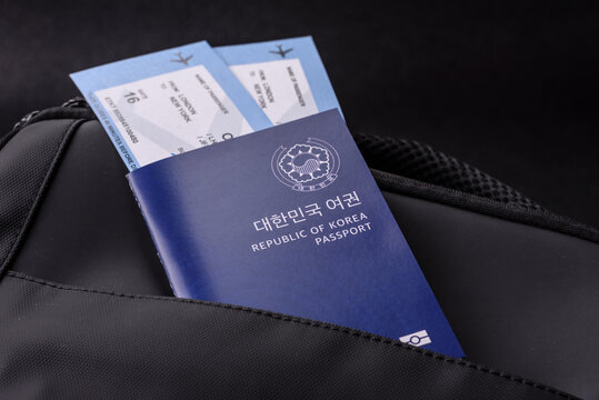 Passport South Korea, Travel Visa, Ticket Document in Travel Bag. Korean Passport