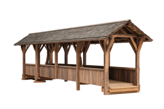 Rustic Covered Wooden Bridge on Transparent Background
