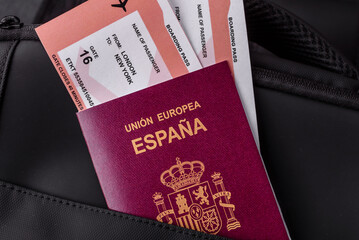 Passport Spain, visa for travel, document with tickets in travel bag. Spanish passport