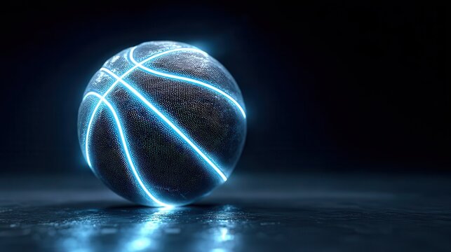 creative basketball with glowing blue neon seams on a midnight blue background