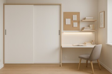Minimalist Interior Featuring Sliding Wardrobe Doors and Small Desk Area with Shelving