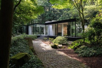Fototapeta premium Modern glass house nestled in lush forest with serene pathway and natural landscape, showcasing harmony between architecture and nature during daylight hours