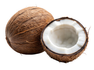 Whole and halved coconut with white flesh isolated on a transparent background brown