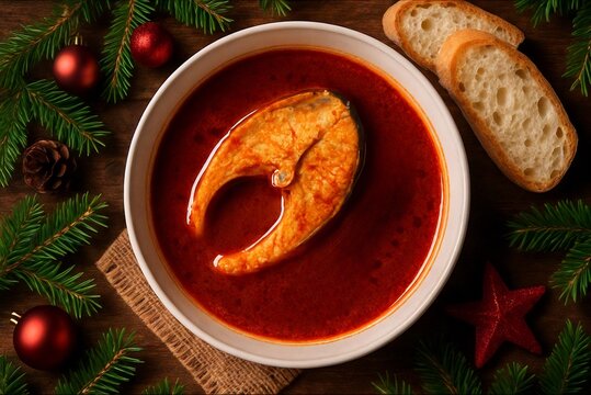Traditional Hungarian fish soup (hal&aacute;szl&eacute;) served in a porcelain bowl on a festive Christmas table