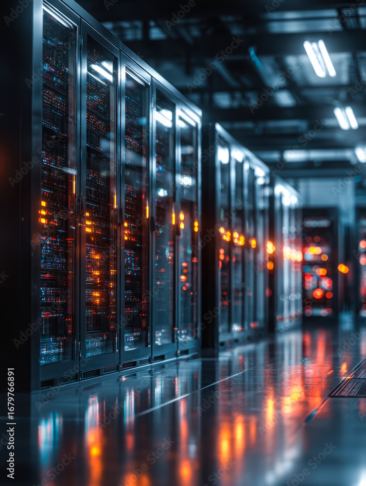 Poster modern data center with illuminated server racks in a high-tech facility