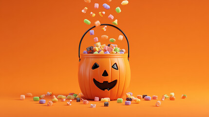 Halloween Jack o Lantern bucket with spilling candy against an orange background