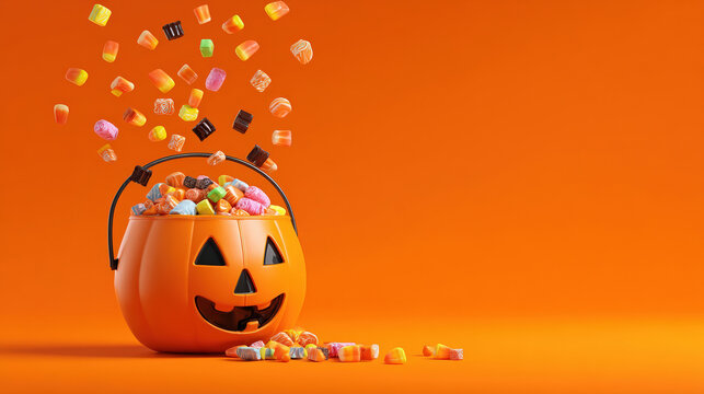 Halloween Jack o Lantern bucket with spilling candy against an orange background