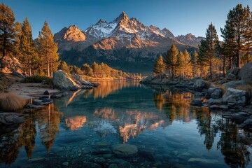 Fototapeta premium Serene mountain lake at dawn. Golden light reflects off a crystal clear lake, mirroring the snow-capped peaks. Autumn trees line the shore