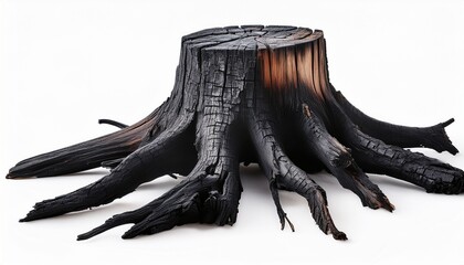 burned tree stump with branching roots and exposed charcoal bark texture scorched surface with natural wood cracks on isolated background
