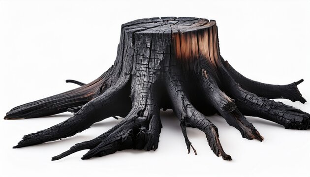 burned tree stump with branching roots and exposed charcoal bark texture scorched surface with natural wood cracks on isolated background