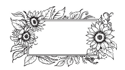 Sunflower line art frame with lush floral arrangement, detailed hand drawn botanical illustration, rectangular border for invitations and elegant design projects