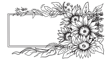 Large sunflower floral frame hand drawn in elegant line art style, detailed botanical border for wedding invitations, posters, banners, greeting cards and rustic decor