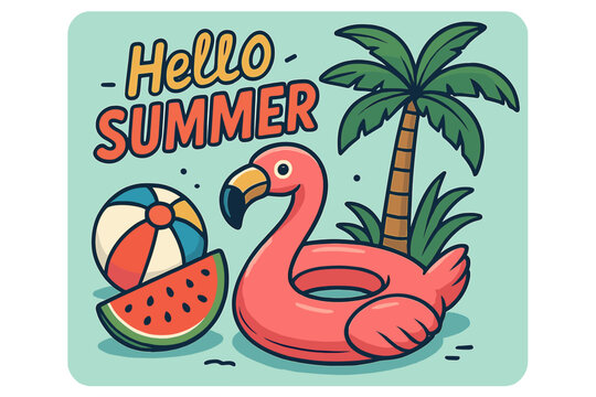 A realistic 3D vector illustration of a summer celebration featuring an inflatable flamingo, watermelon, palm trees, shells, and a splash of water