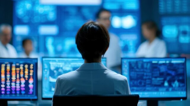 Focused biomedical ethicist reviewing geneediting ethics reports at the IRB table with blurred colleagues and digital screens displaying complex data behind them.