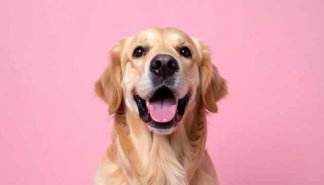 Close-up of a golden retriever with a joyful expression against a vibrant pink background.  Happy dog portrait