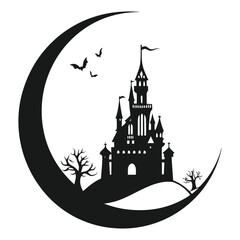 Castle floating in spiral eclipse silhouette