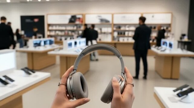 Hands holding headphones inside store, headphones reflecting modern tech. Shopping experience highlighting technology, with digital displays. Shopping concept inside retail,