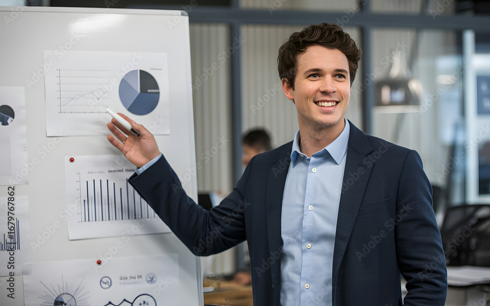Poster man presenting charts on a whiteboard in an office setting while smiling and wearing a suit jacket
