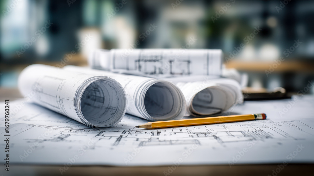 Poster close-up of architectural blueprints and rolled drawings with a yellow pencil on a drafting table in