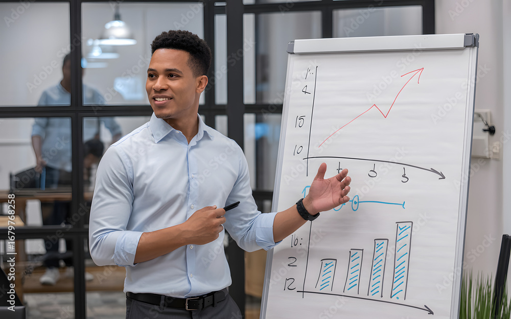 Poster a smiling man presenting a graph on a whiteboard in an office environment during a meeting