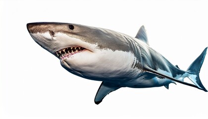 Naklejka premium great white shark swimming powerfully in the ocean showing sharp teeth and muscular body representing marine life predator strength and nature isolated on white background