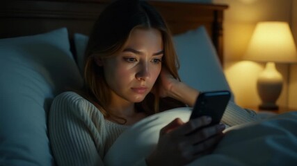 A woman lies in bed, staring at her cell phone