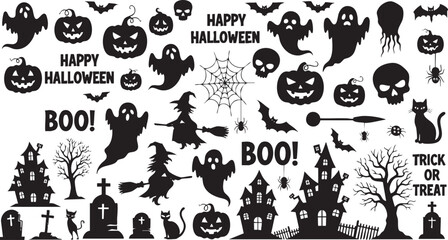 Halloween Silhouette Icon Pack – Spooky Black Graphics of Pumpkins, Ghosts, Bats, Witches, Haunted Houses, and More for Decor & Design