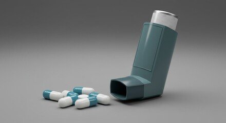 Clinical Still Life of a Teal Asthma Inhaler and Capsules on a Neutral Gray Background.