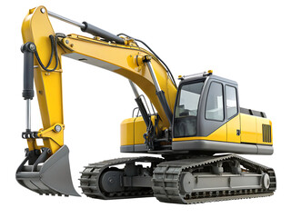 Yellow heavy duty excavator with grey cabin and bucket isolated on a transparent background image