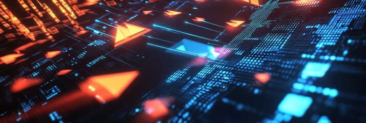 Dynamic digital landscape showcasing vibrant geometric shapes in glowing hues against a dark background representing technology and innovation