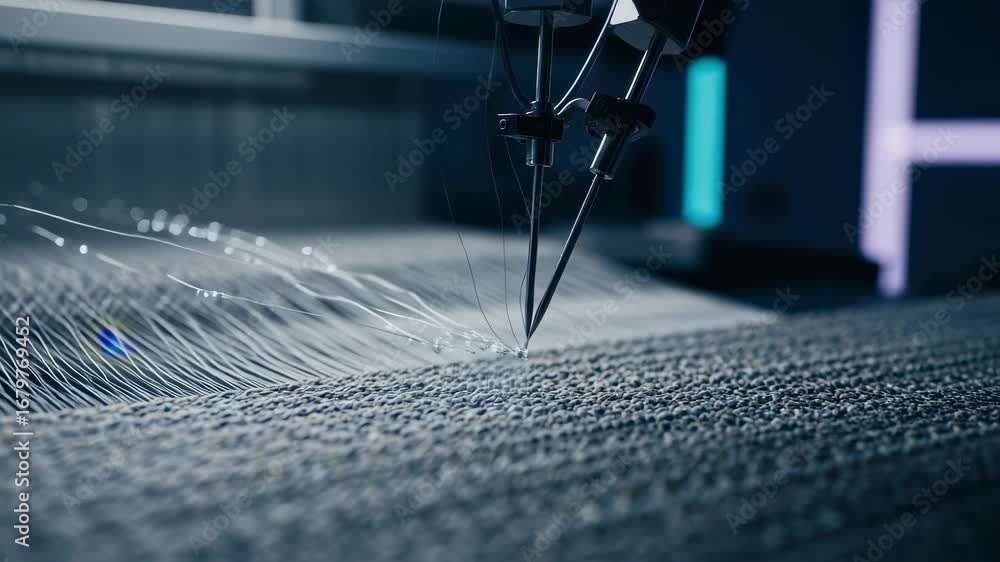 Poster closeup shot of innovative weaving process fusing microsensors into textile fibers to create respons