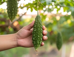 Hand holding a green bitter melon