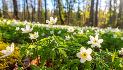 White flowers in a sunlit forest floor