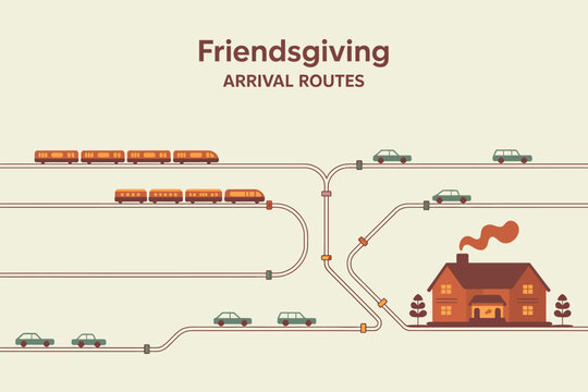 Illustration of trains and cars arriving at a house on various routes for friendsgiving celebration - Powered by Adobe