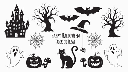Obraz premium Halloween Silhouette Mega Pack – Ghosts, Skeletons, Haunted Houses, Bats, Pumpkins & More in Black Graphics for Party Decor & Digital Design