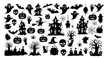 Halloween Silhouette Icon Pack – Spooky Black Graphics of Pumpkins, Ghosts, Bats, Witches, Haunted Houses, and More for Decor & Design