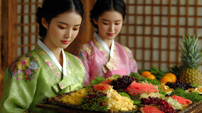 Korean women in hanbok serving traditional Chuseok food, colorful festive table setting, authentic wooden interior, harvest celebration, ancestral ritual offering, autumn cultural feast