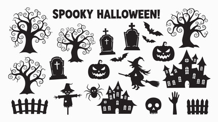 Obraz premium Halloween Silhouette Mega Pack – Ghosts, Skeletons, Haunted Houses, Bats, Pumpkins & More in Black Graphics for Party Decor & Digital Design