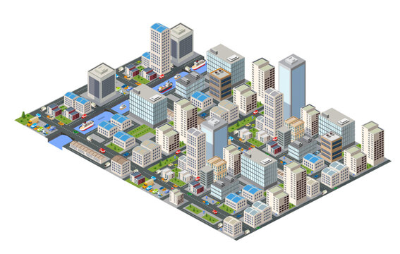 Modern isometric city with skyscrapers, buildings, roads, cars, and river with ships