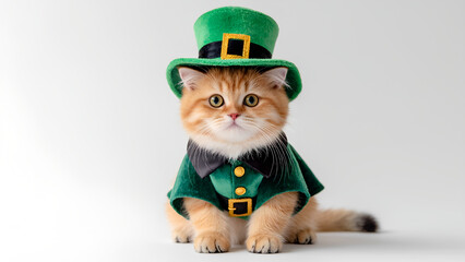 Cute fat ginger kitten in a green hat and leprechaun costume sits on a white background in the studio.