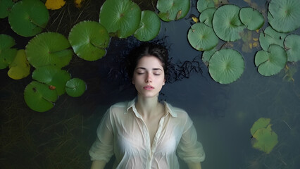 A young woman lies with her eyes closed in the calm water of a pond among water lily leaves. autumn depression concept