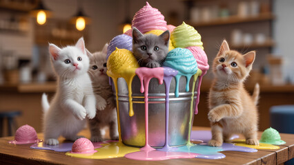 four little kittens, gray, white and ginger, climbed on the table in the kitchen and play with ice cream