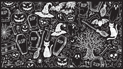 Black and White Halloween Pattern with Ghosts, Pumpkins, Bats, Coffins, Cats, and Spooky Icons – Seamless Vector Background for Seasonal Decor