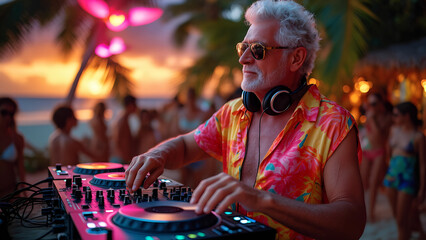 active old age and lifestyle concept. elderly grey tanned athletic man playing music at party, on beach at sunset.