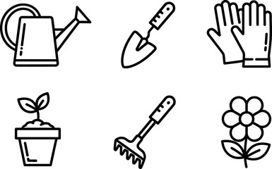 Fototapeta premium Gardening tools and plant icons set with watering can, gloves, trowel, and flower vector illustration 