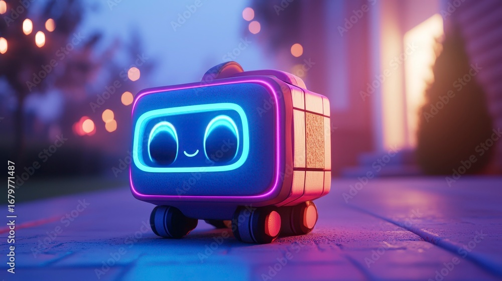 Poster cute animated robot toy with bright neon lights on a garden path during twilight, surrounded by soft
