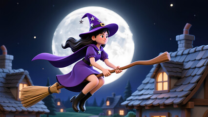 cartoon 3d witch in hat and cape, flying on a broom to the Sabbath, over the roofs of houses in the night sky against the background of the full moon.