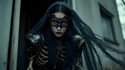 Halloween character, the image of a black widow, a woman in a black veil looks straight into the soul, with her piercing green eyes, leaning forward.