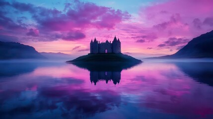 Majestic castle reflecting on tranquil waters during a breathtaking purple and blue sunrise in a picturesque landscape
