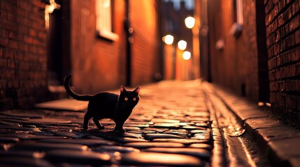 Obraz premium A mysterious black cat with glowing eyes crossing a cobblestone alley illuminated by street lamps at dusk